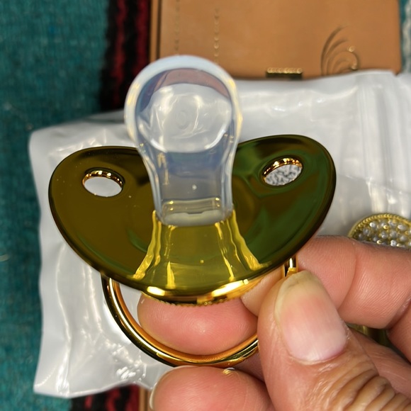 New in package gold and rhinestone initialed A pacifier has rhinestone bib clip - Picture 2 of 6
